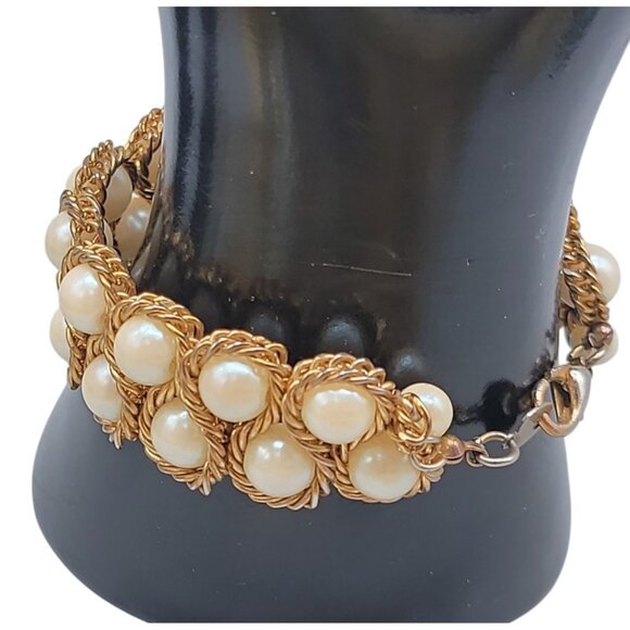 Vtg Vermeil Imitation Pearl Double Woven Row Bracelet Gold on Sterling Silver - Picture 3 of 14